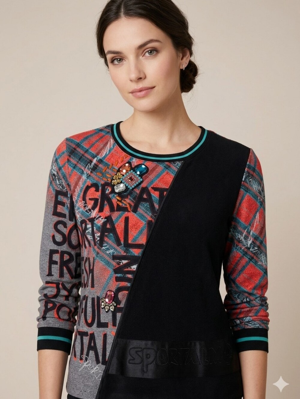 SPORTALM Kitzbühel Graphic Plaid Sweater Top Size 38 US 8 Embellished Designer K